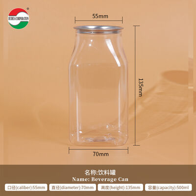 500ml Clear PET Square Beverage Can with Easy Open End Food-Grade Empty Plastic Drink Container