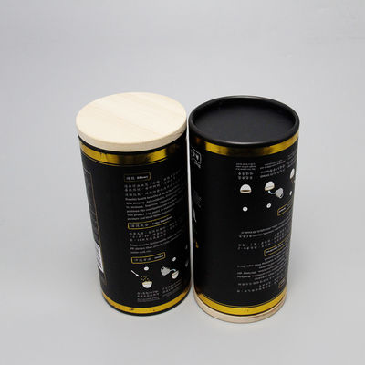 OEM Customized Gold Stamping Food Grade White Cardboard Paper Tube with Wooden Cap Paper Cylinder Container for Tea